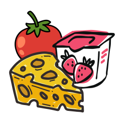 Eine Cartoon-Darstellung von Käse, Erdbeer-Joghurt und einer Tomate, die fröhlich zusammen auf einem Tisch liegen