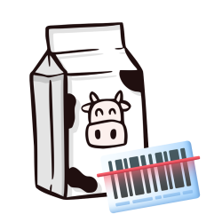 Milchpackung mit Cartoon-Kuh darauf neben einem Barcode, der den Einkauf in einem SB-Laden darstellt.